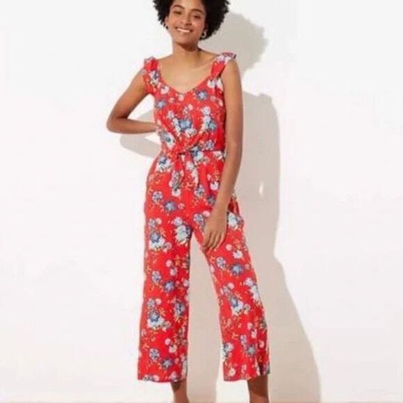 Loft Red Floral Tie Front Jumpsuit - Picture 1 of 10
